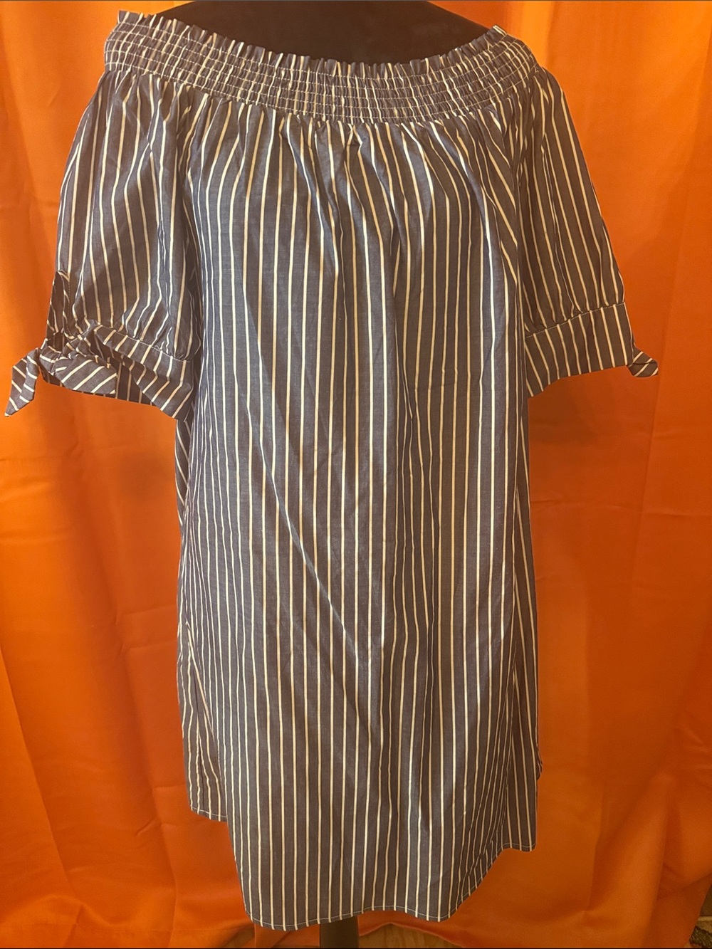 Tacera Blue and White Striped Off-Shoulder Midi Dress